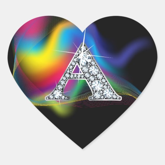 "A" Diamond Bling on Rainbow Swirl Heart Sticker (Voorkant)