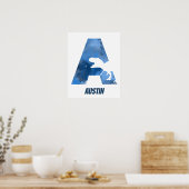"A" Dinosaur Waterverf Blue Child Name Poster (Keuken)