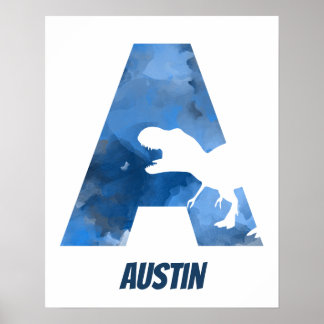 "A" Dinosaur Waterverf Blue Child Name Poster