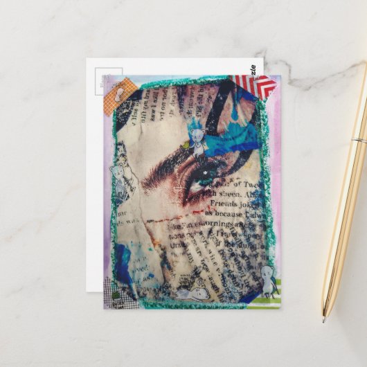 A face abstract mixed media collage briefkaart (Voorkant / Achterkant in situ)