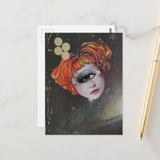 A face in space mixed media collage briefkaart (Voorkant / Achterkant in situ)