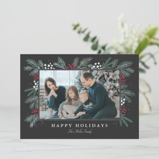 À feuillage persistant Spray Carte photo de Noël (Debout devant)