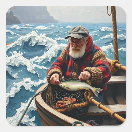 A Fisherman on a Boat in the Ocean Vierkante Sticker (Voorkant)