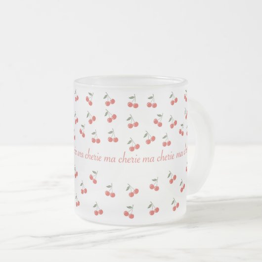 A frosted glass mug with cherry pattern  matglas koffiemok (Voorkant rechts)