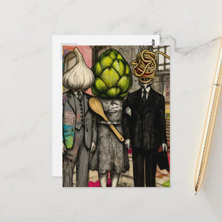 A garlic, an artichoke, and a spaghetti fork funny briefkaart