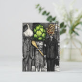 A garlic, an artichoke, and a spaghetti fork funny briefkaart (Staand voorkant)