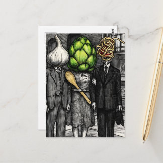 A garlic, an artichoke, and a spaghetti fork funny briefkaart