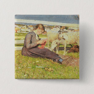 A Girl Knitting, 1888 (olie op doek) Vierkante Button 5,1 Cm