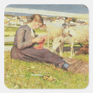 A Girl Knitting, 1888 (olie op doek) Vierkante Sticker