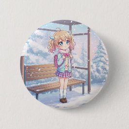 A Girl Waiting for a Bus in the Snow Ronde Button 5,7 Cm