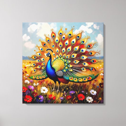 A Gold and Blue Peacock Canvas Afdruk (Voorkant)