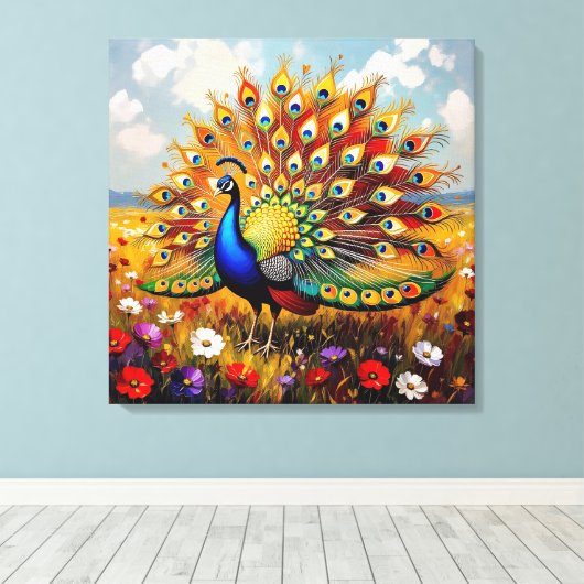 A Gold and Blue Peacock Canvas Afdruk (Insitu (Houten vloer))