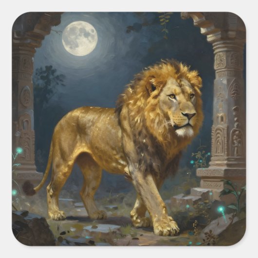 A Golden Lion Strolling under the Moonlight Vierkante Sticker (Voorkant)