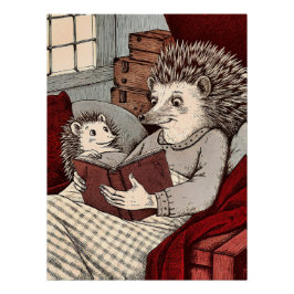 A hedgehog in a blanket reading a book to a young perfect poster