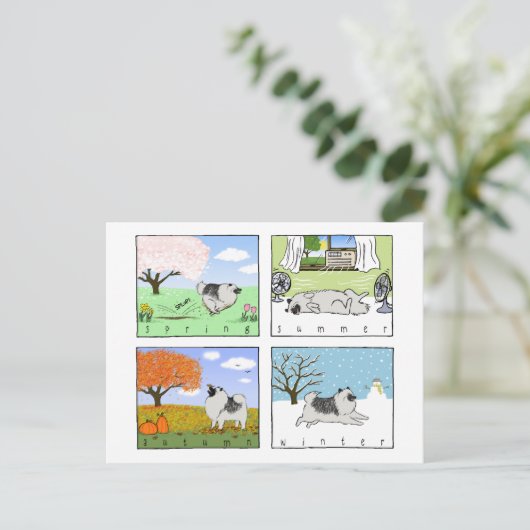 A Keeshond Enjoys the Four Seasons - Fun Dog Art Briefkaart (Staand voorkant)