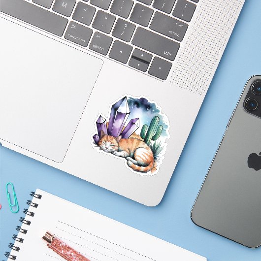 A Kitty With Crystals in the Desert Sticker (Laptop met iPhone)