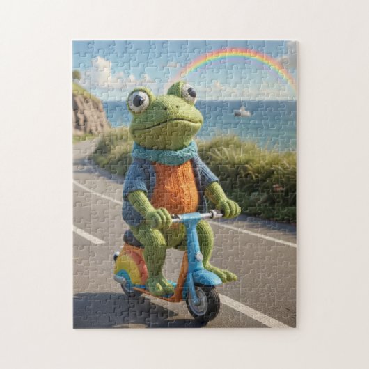 A knitted frog rides a scooter legpuzzel (Verticaal)