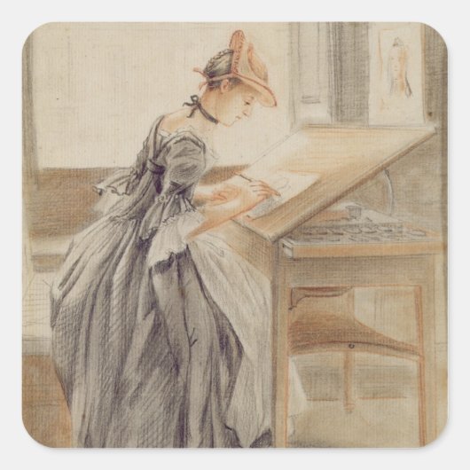 A Lady Copying at a Drawing Table, c.1760-70 (grij Vierkante Sticker (Voorkant)