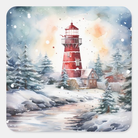 A Lighthouse in Winter Vierkante Sticker (Voorkant)