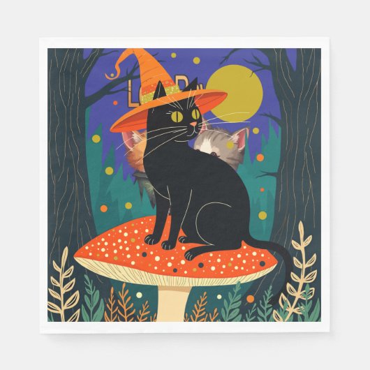 A Little Black Witchy Cat Sitting On A Toadstool Servet (Voorkant)
