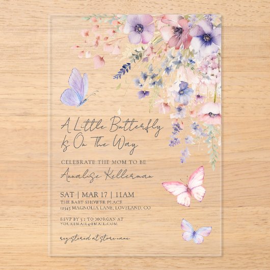 A Little Butterfly Wildflower Baby Shower Acryl Uitnodigingen (Voorkant)
