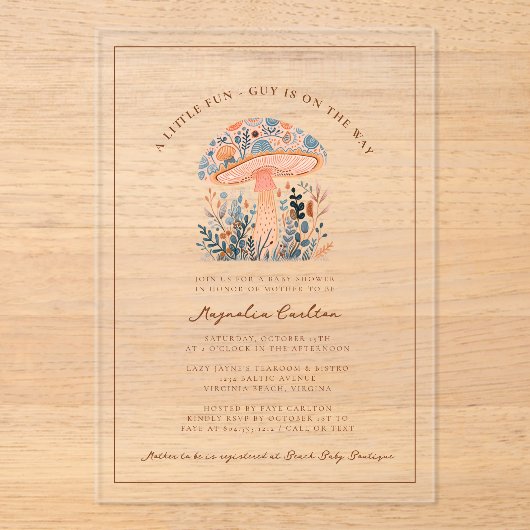 A Little Fun Guy Mushroom Fall Baby Shower Acryl Uitnodigingen (Voorkant)