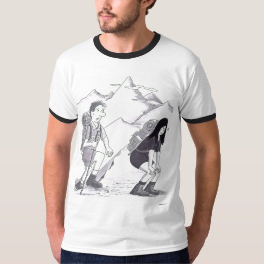 A Man and Woman Hiking with Backpacks Up Mountain T-shirt (Voorkant)