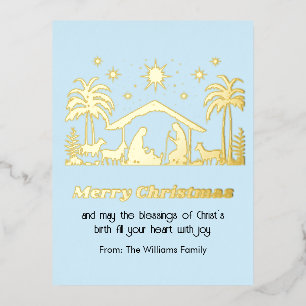 A Manger's Merry Glow, lichtblauwe achtergrond en Folie Feestdagen Briefkaart