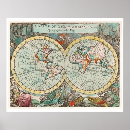 "A MAPP OF THE WORLD" 1682 VAN JOHN PLAYFORD POSTER (Voorkant)