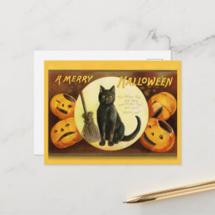  A Merry Halloween Black Cat Broom Feestdagenkaart