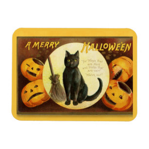 A Merry Halloween Black Cat Broom Magneet