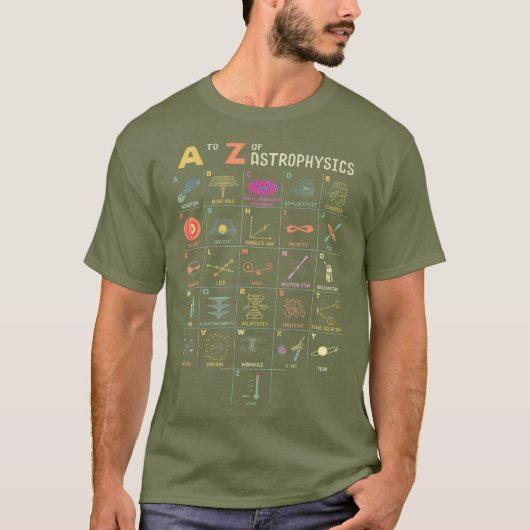A naar Z Astrofysica Funny Space Objects Science T-shirt (Voorkant)