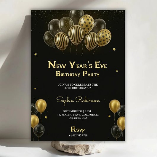 A New Year's Eve birthday party invitation with go