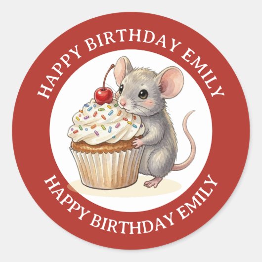 A Personalized Birthday Mouse with Cupcake Ronde Sticker (Voorkant)
