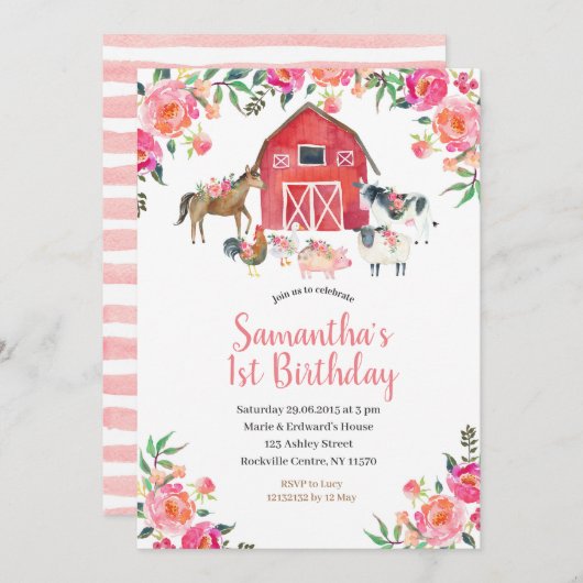 Ă?re invitation d'anniversaire de ferme florale (Devant / Derrière)