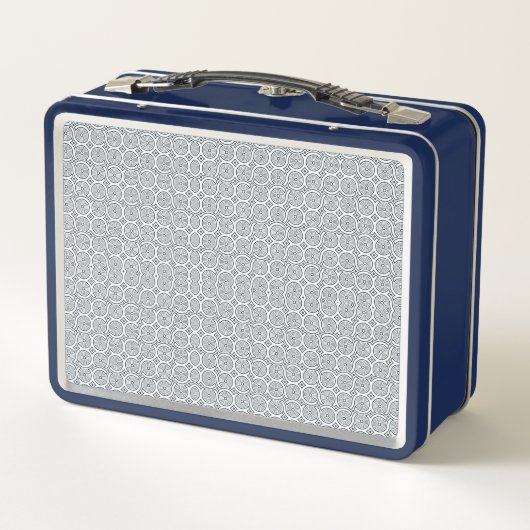 A rectangular blue and white lunchbox  (Achterkant)