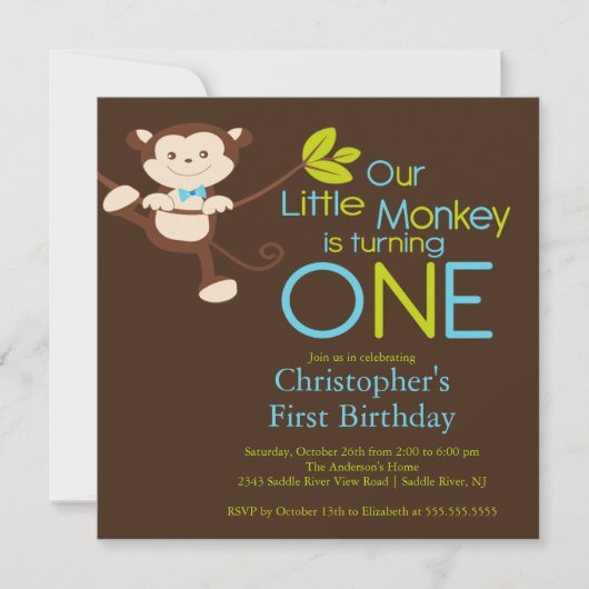 Ă?res invitations de fête d'anniversaire de singe (Devant)