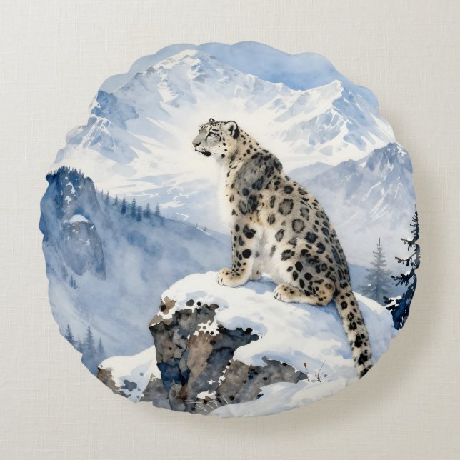 A Snow Leopard on Snowy Peak Rond Kussen (Voorkant)