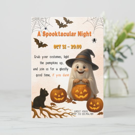 A Spooktacular Night | Ghost & Pumpkin Halloween Kaart (Staand voorkant)