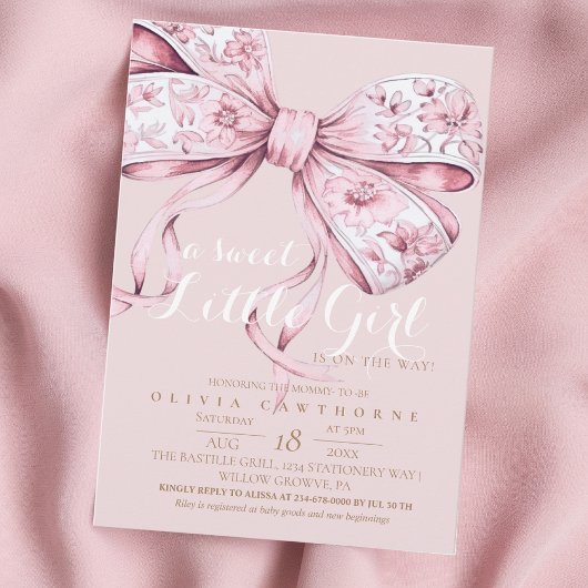 A Sweet Girl Pink Bow Baby Shower Invitation