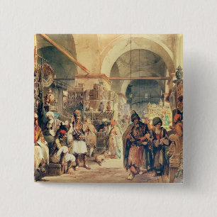 A Turkey Bazaar, 1854 (potlood & w/c op papier) Vierkante Button 5,1 Cm