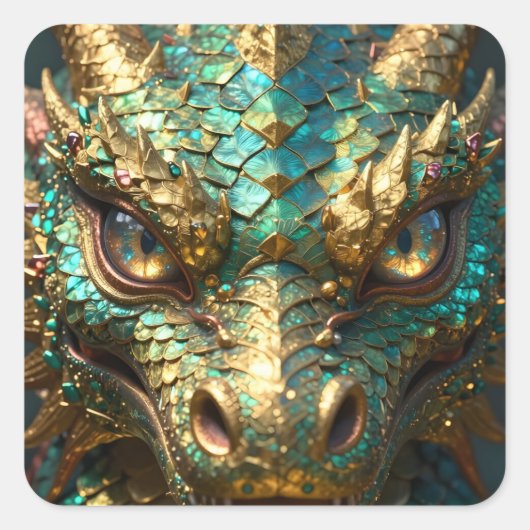 A Turquoise and Gold Dragon Mystical Vierkante Sticker (Voorkant)