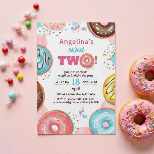 A vibrant 2nd birthday invitation with donuts. 