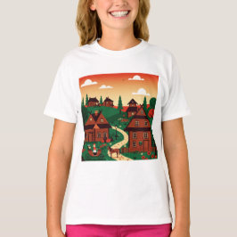 A village drawn in an illustration style t-shirt