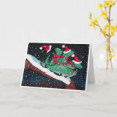 A whimsical holiday card with sledding dinosaurs kaart (Gele Bloem)