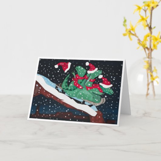 A whimsical holiday card with sledding dinosaurs kaart (Gele Bloem)