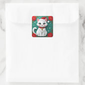 A White Festive Cat with a Christmas Background Vierkante Sticker (Tas)