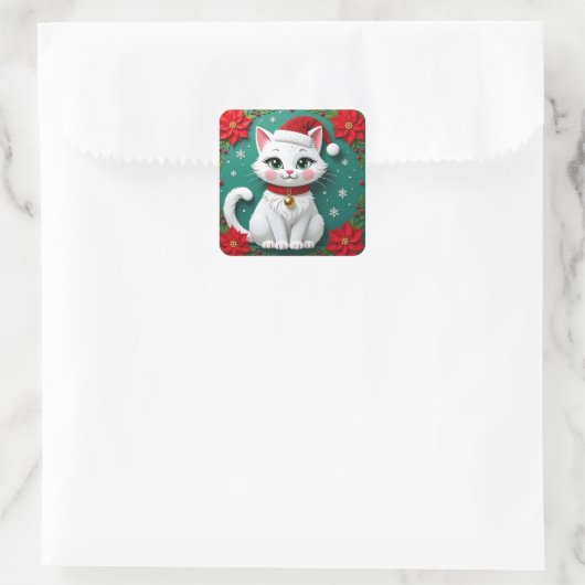 A White Festive Cat with a Christmas Background Vierkante Sticker (Tas)