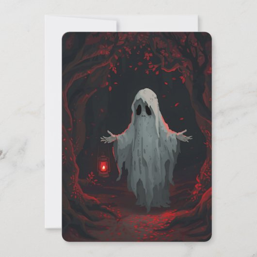 A white ghost holding a red lantern with red leave kaart (Voorkant)