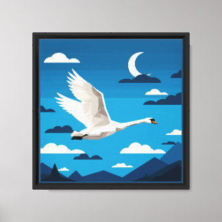 A white swan flying in the night sky canvas afdruk